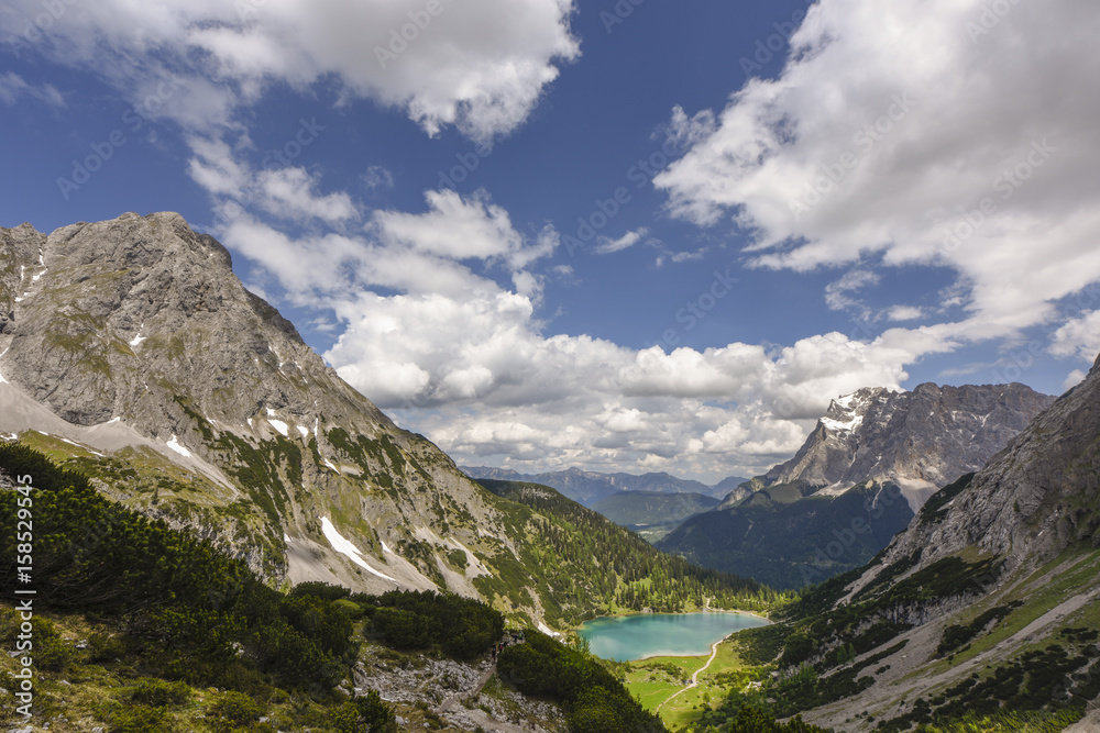 Zugspitze mountain and lake Seebensee, view from Coburger hut, Ehrwald, Tyrol, Austria