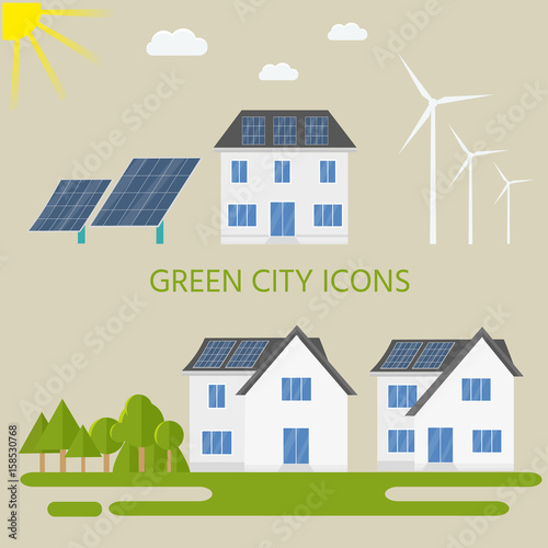Clean modern house with solar panels and wind-turbines.
