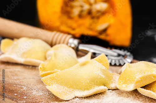 homemade ravioli stuffed with pumpkin pulp