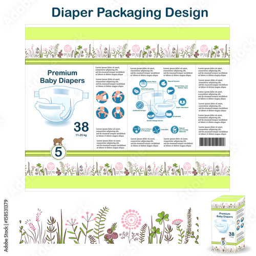 Diaper packaging design elements in doodle forest style. Nappy pakaging design for size 5, with floral border, diaper icons, and bear