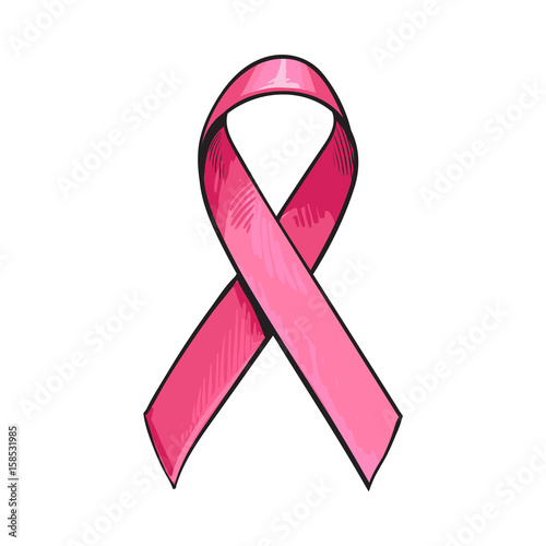 Pink satin ribbon, breast cancer awareness symbol, sketch vector illustration isolated on white background. Hand drawn pink ribbon, breast cancer awareness sign