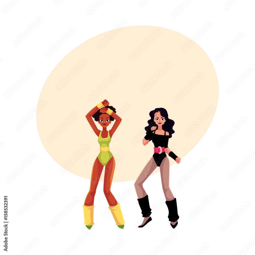 Girls, women in 80s style aerobics outfit enjoying sport dance workout,  cartoon vector illustration with space for text. Caucasian and black retro  style girls, women, aerobic fitness workout Stock Vector