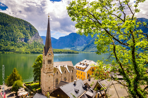 Fantastic view on Hallstatt village and alpine lake, Austrian Alps,  Salzkammergut, Austria, Europe photo