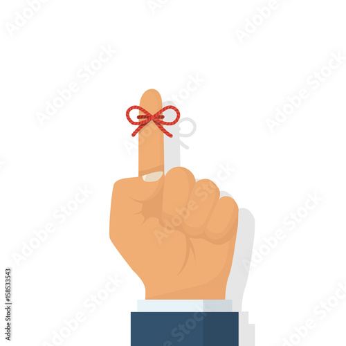 Reminder icon. Forefinger with red ribbon. Important symbol. Vector illustration flat design. Isolated on white background. Important symbol. Forgetfulness.