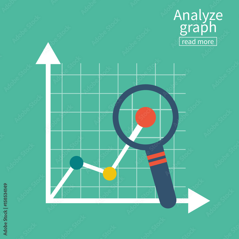 Analyze graph. Report growth. Magnifying glass showing rising bar chart ...