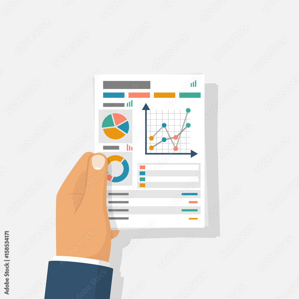 Document with charts and graphs business reports hold in hand businessman. Vector illustration flat design. Isolated on background. Paperwork concept. Data analysis, project management. Analyze graph. Document with charts and graphs business reports hold in hand businessman. Vector illustration flat design. Isolated on background. Paperwork concept. Data analysis, project management. Analyze graph.