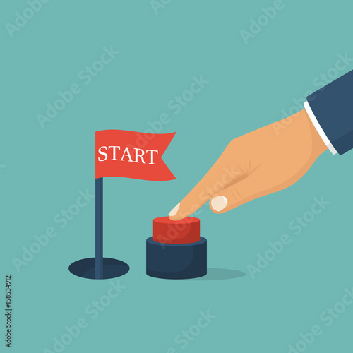 Press start button. Businessman pushing hand, red button. Red flag signaling a successful start. Vector illustration flat design. Isolated on background.