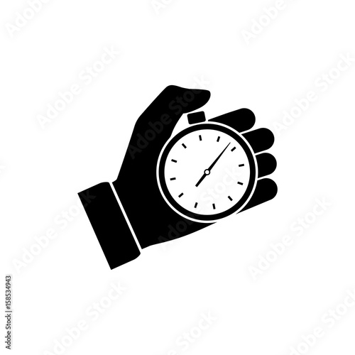 Stopwatch in hand, icon black isolated on white background. Vector illustration flat design. Sport timer on competitions. Trainer holding stopwatch. Start, finish. Time management.