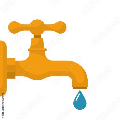 Water tap with falling drop. Vector illustration flat design. Isolated on white background. Classical old valve.