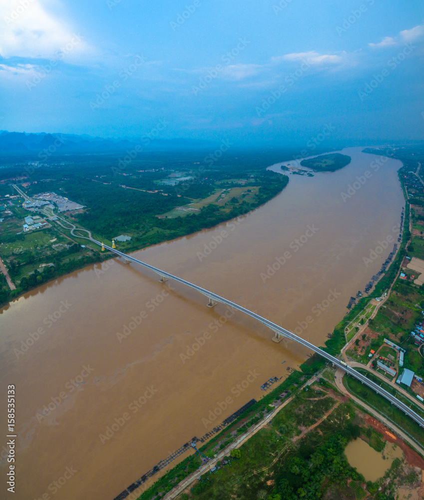 aerial photography the Third Thai-Lao friendship bridge the bridge over the Mekong river connect Nakorn Phanom province in Thailand with Thakhek Khammouane Laos.