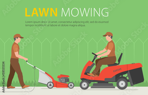 Man mowing the lawn with red lawn mower