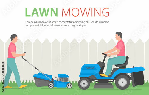 Man mowing the lawn with blue lawn mower