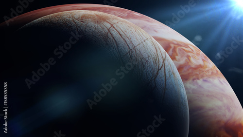 Fototapeta Naklejka Na Ścianę i Meble -  Jupiter's moon Europa in front of the planet Jupiter (3d render, elements of this image are furnished by NASA)