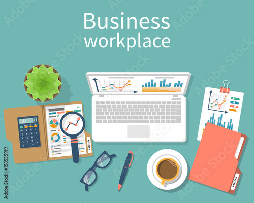 Desktop with documents, laptop and office equipment. Flat design vector illustration. Desk for: businessman, designer, student, office worker. Work station for financial training, planning, marketing.