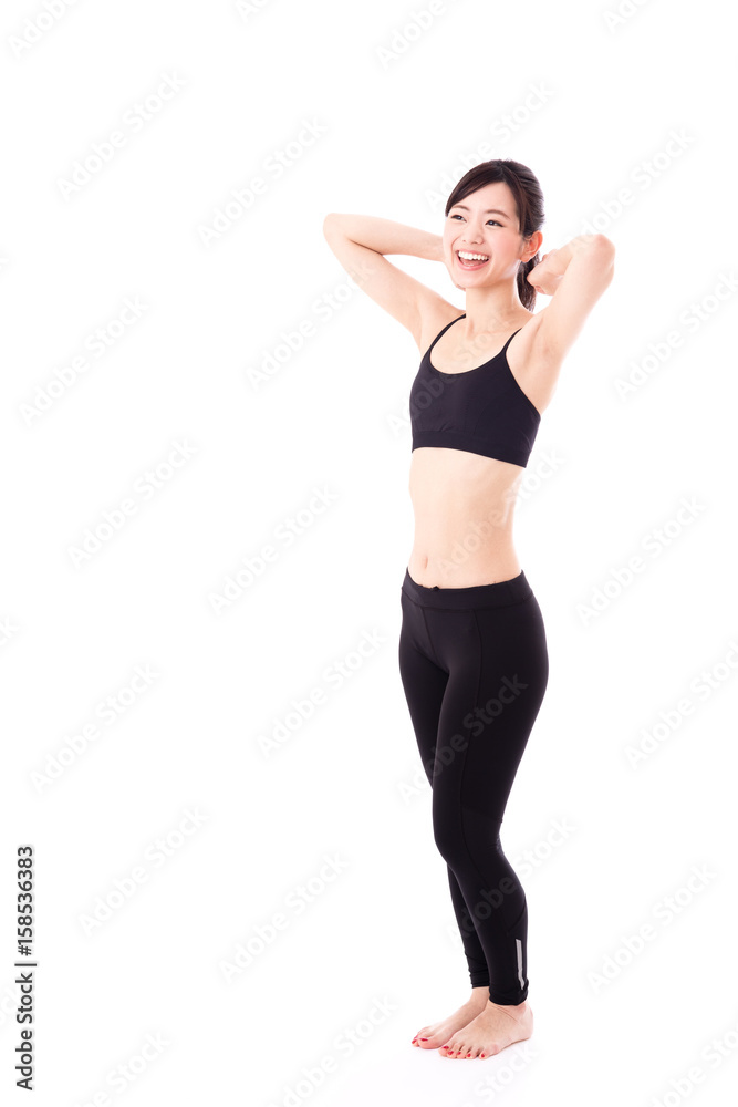 attractive asian woman sporty image on white background