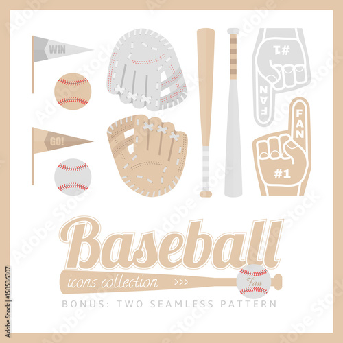Collection of baseball equipment. Bat, glove, ball, flags, finger.