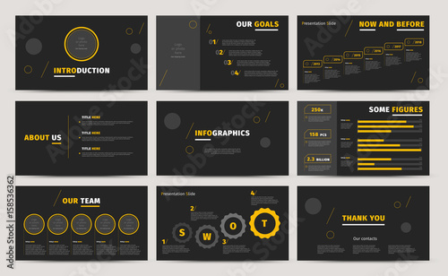 Corporate presentation slides design. Creative business proposal or annual report. Full HD vector keynote infographics template on black layout. Startup project advertising brochure.