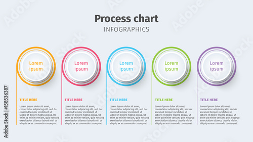 Business process chart infographics with step circles. Circular corporate timeline graphic elements. Company presentation slide template. Modern vector info graphic layout design.