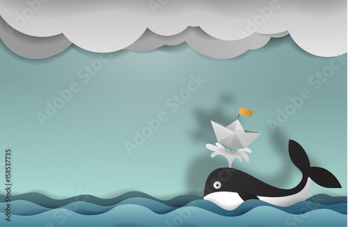 Whale with boat paper art copy space vector paper cut cute illustration