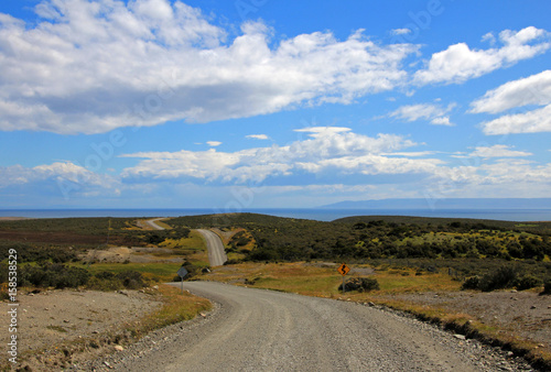 Gravel road trough landscape in Tierra del Fuego  Patagonia  Chile