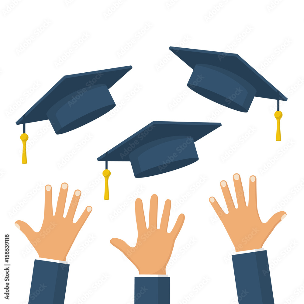 Graduates throwing graduation hats in the air. Concept of education