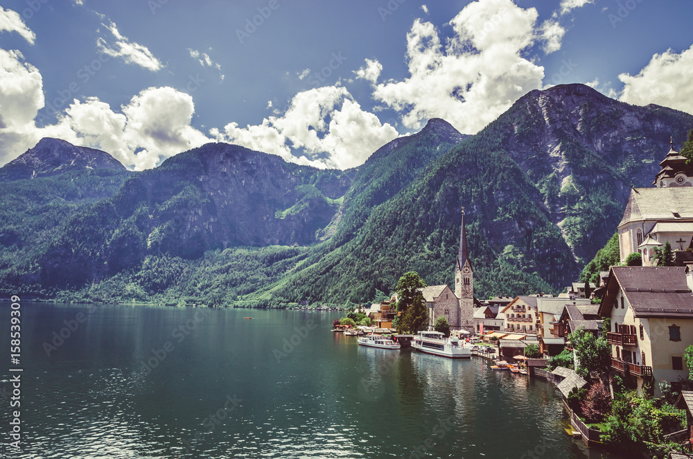 Naklejka premium Fantastic view on Hallstatt village and alpine lake, Austrian Alps, Salzkammergut, Austria, Europe