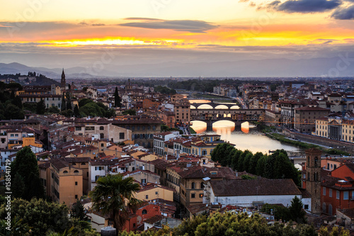 View of Florence at sunset with the Ponte Vecchio bridge, Italy