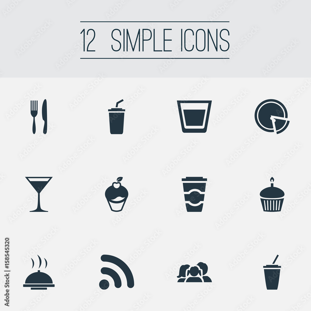 Vector Illustration Set Of Simple Food Icons. Elements Fork With Knife,  Espresso, Wireless Connection And Other Synonyms Champagne, Laying And  Pizza. Stock Vector | Adobe Stock