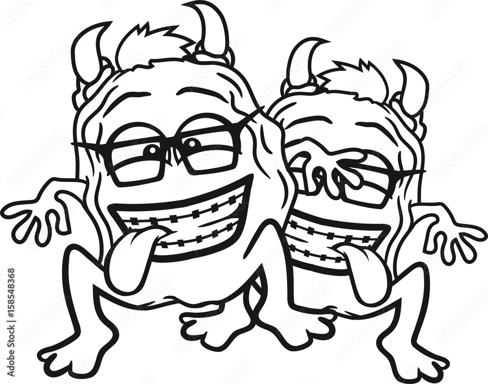 2 freunde team paar nerd geek schlau hornbrille zahnspange lustig frech freak schleimig ekelig schleim glibber monster klein frech böse horror comic cartoon