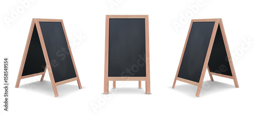 Realistic special menu announcement board icon set. Vector clean restaurant outdoor blackboard background. Mockup of chalkboard for restaurant menu, isolated on white background. Front and side view.