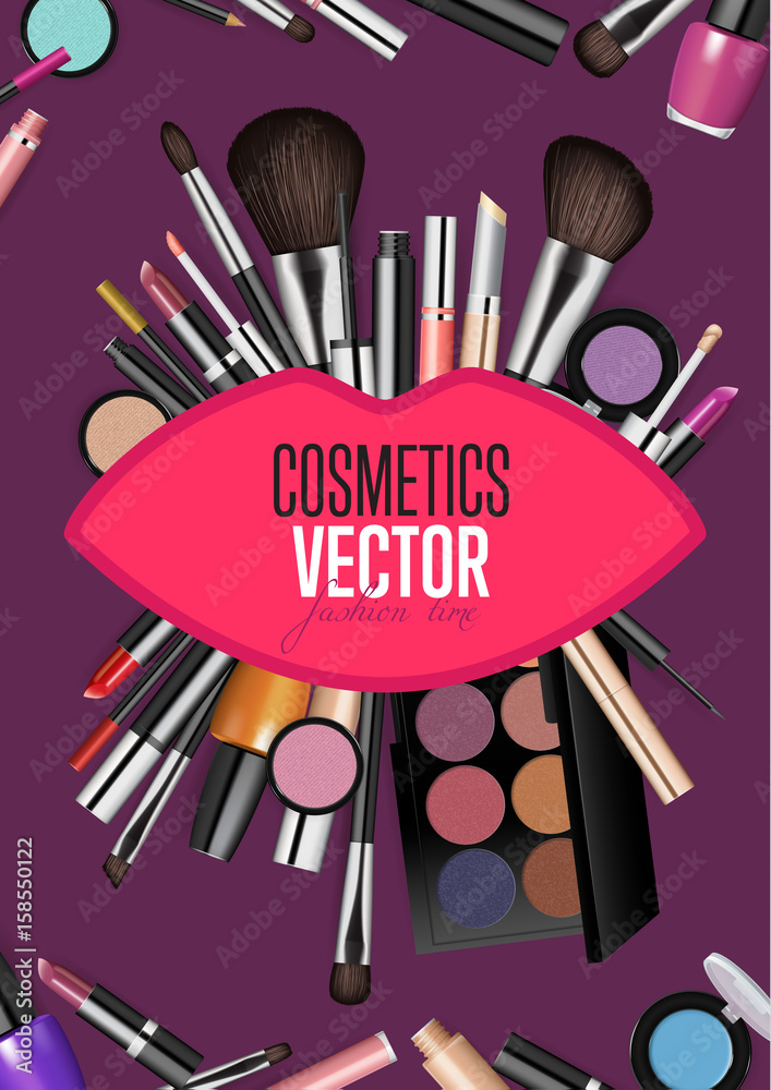 Modern cosmetics accessories concept. Different instruments for  professional makeup vector illustrations set on violet background. For  beauty salon, shop ad, brochures, flyers, sale promotions design  Stock-Vektorgrafik | Adobe Stock