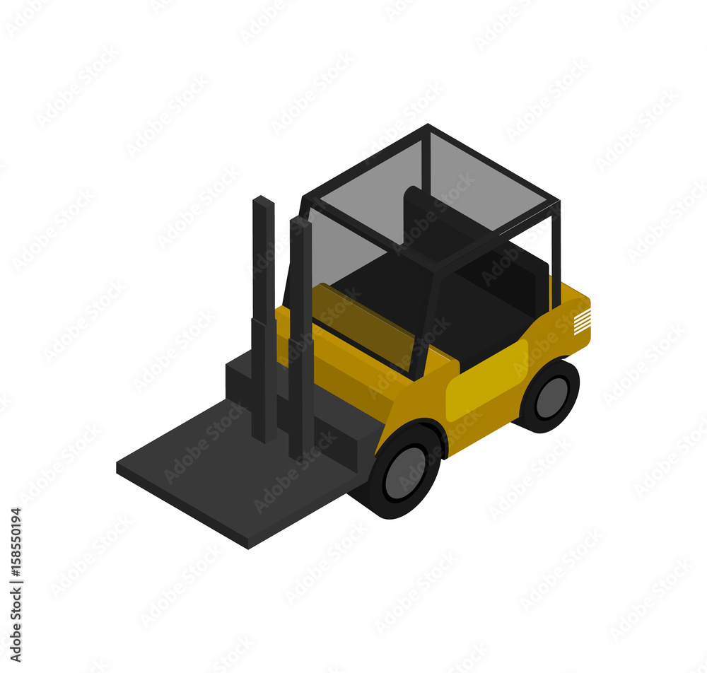 Naklejka premium Warehouse forklift isometric icon. Modern commercial truck side view, vehicle for cargo loading, delivery service vector illustration