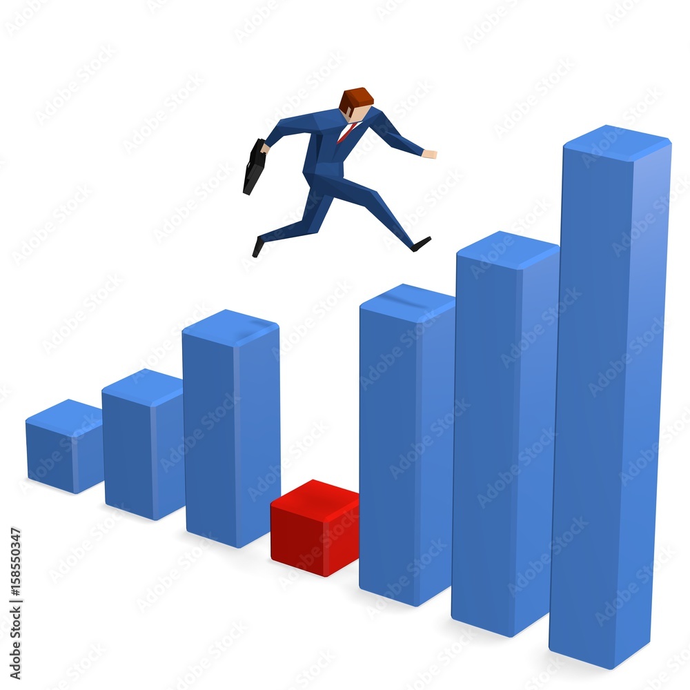 Businessman jumping over critical low bar on growth chart Businessman jumping over critical low bar on growth chart