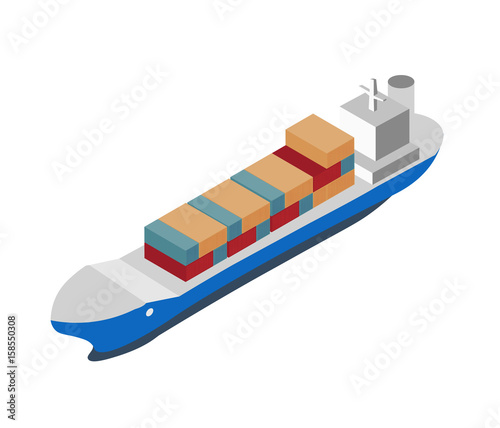 Isometric shipping icon with container ship. Worldwide delivery service vector illustration isolated on white background.