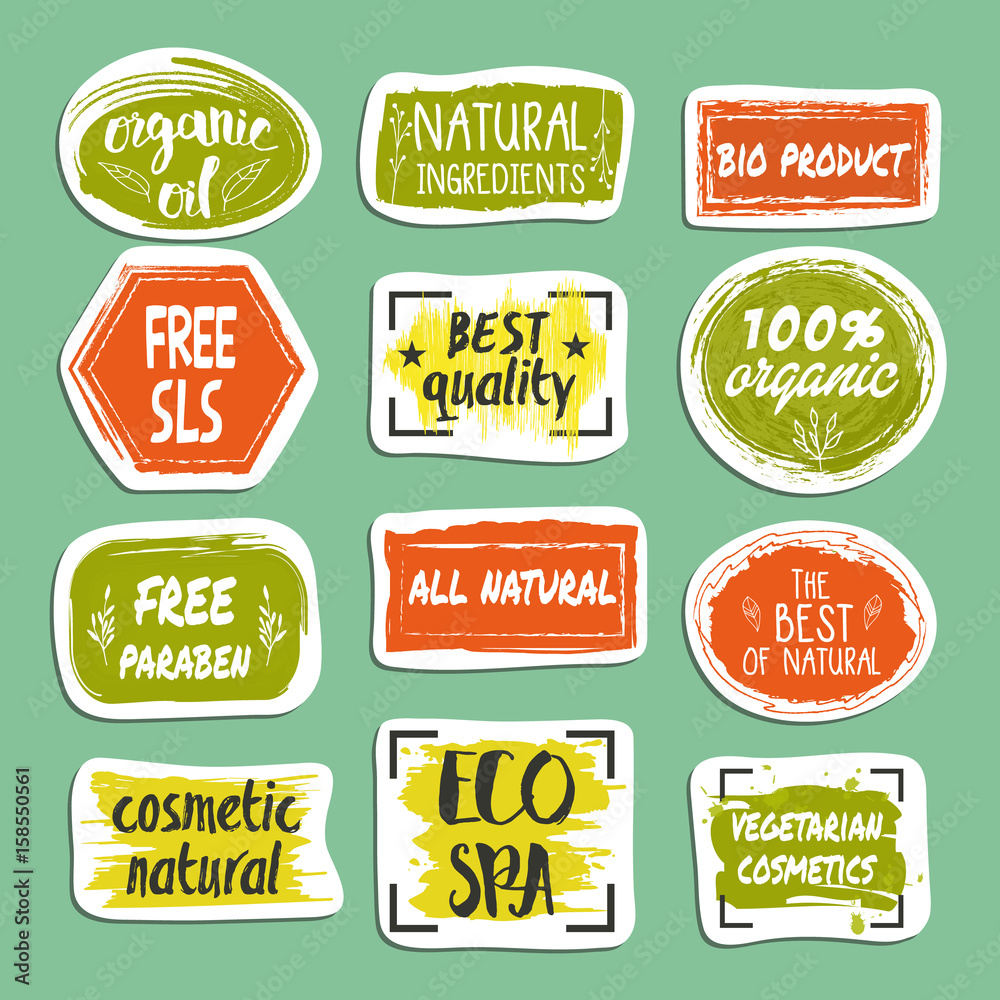 Natural cosmetics hand drawn labels set vector illustration. Organic oil, natural beauty, healthy lifestyle, eco spa, bio product, best quality, care ingredient , free sls, vegetarian cosmetics.