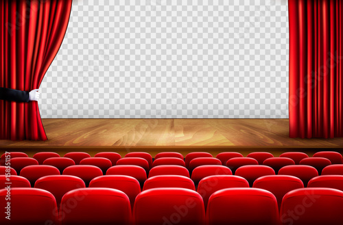 Theater stage with wooden floor and open red curtains. Vector