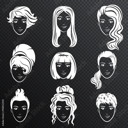 Vector set of white women avatar hairstyles stylized logo set. Female hair style icons emblem on the transperant alpha background.