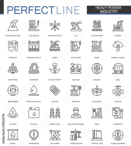 Heavy power industry thin line web icons set. Factory and renewable energy Outline stroke icons design.