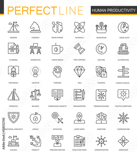Human productivity thin line web icons set. Task concentration outline stroke icons design.
