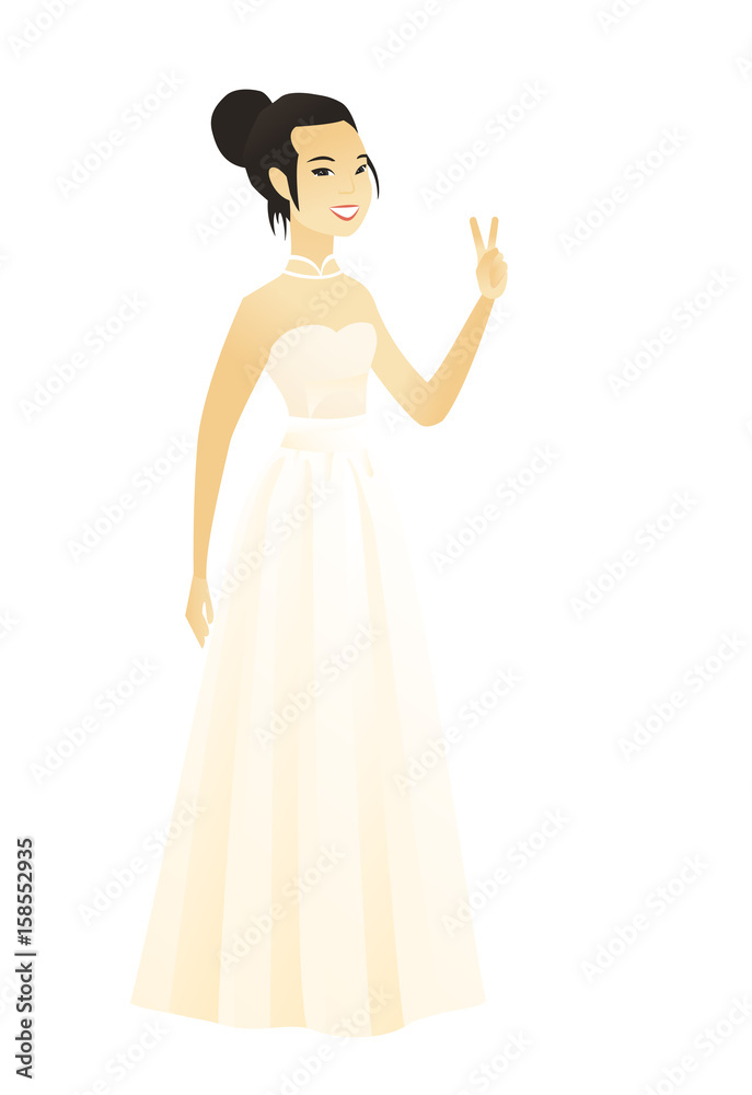 Asian fiancee showing the victory gesture. Fiancee showing the victory sign with two fingers. Smiling fiancee with the victory gesture. Vector flat design illustration isolated on white background.