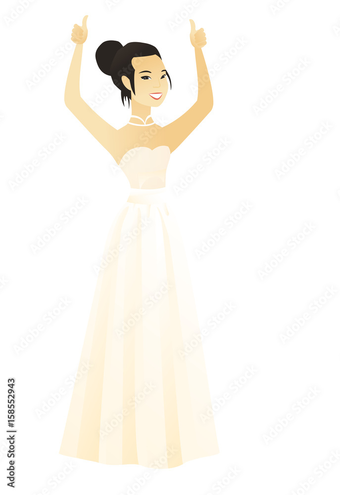 Young asian fiancee in white dress giving thumb up. Full length of smiling fiancee with thumb up. Cheerful fiancee showing thumb up. Vector flat design illustration isolated on white background.
