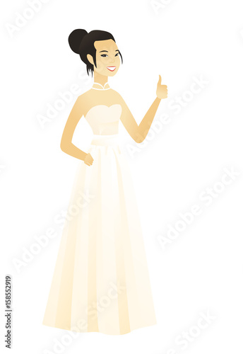 Young asian fiancee in white dress giving thumb up. Full length of smiling fiancee with thumb up. Cheerful fiancee showing thumb up. Vector flat design illustration isolated on white background.