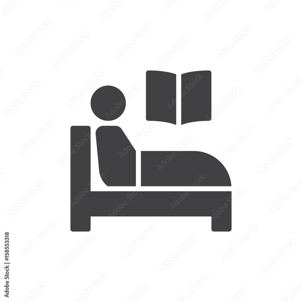 Reading book in bed icon vector, filled flat sign, solid pictogram isolated on white. Symbol, logo illustration. Pixel perfect Reading book in bed icon vector, filled flat sign, solid pictogram isolated on white. Symbol, logo illustration. Pixel perfect