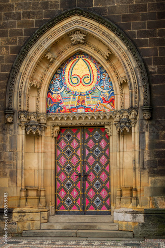 Entrance door of the neo-Gothic Saint Peter and Paul Cathedral. Prague
