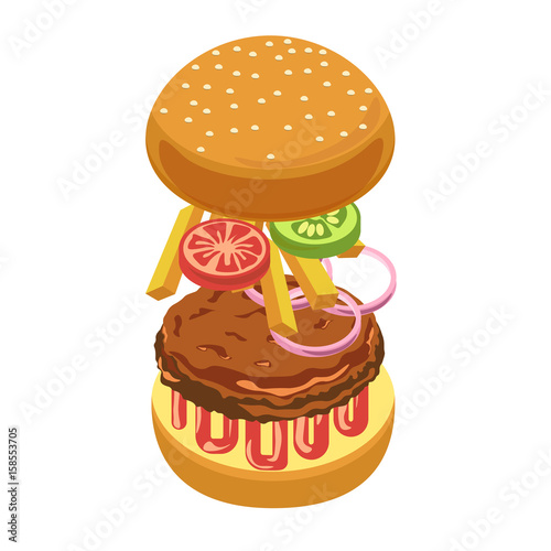 Burger or hamburger ingredients constructor vector icon for fast food restaurant