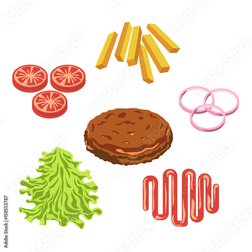 Burger hamburger or cheeseburger fast food ingredients constructor fastfood restaurant vector icon