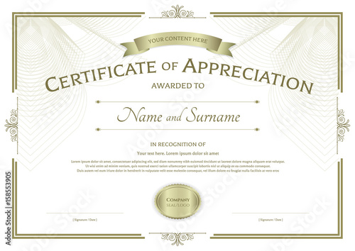 Certificate of appreciation template with award ribbon on abstract guilloche background with vintage border style