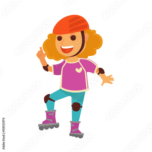 Happy children girl skating on roller skates playing outdoor vector games