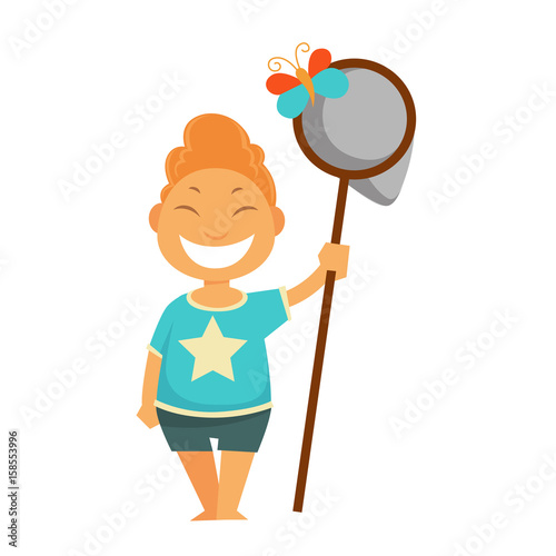 Happy little boy catching butterfly in scoop net vector children playing outdoor