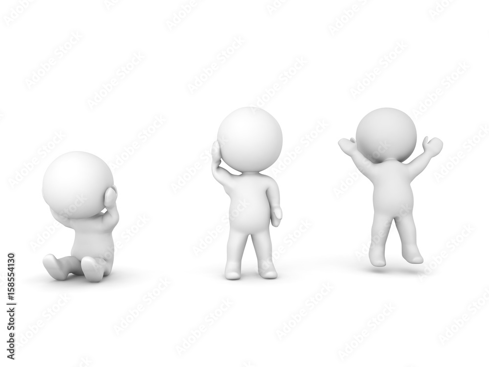 3D Illustration of a depressed character, one confused and a cheerful one 3D Illustration of a depressed character, one confused and a cheerful one
